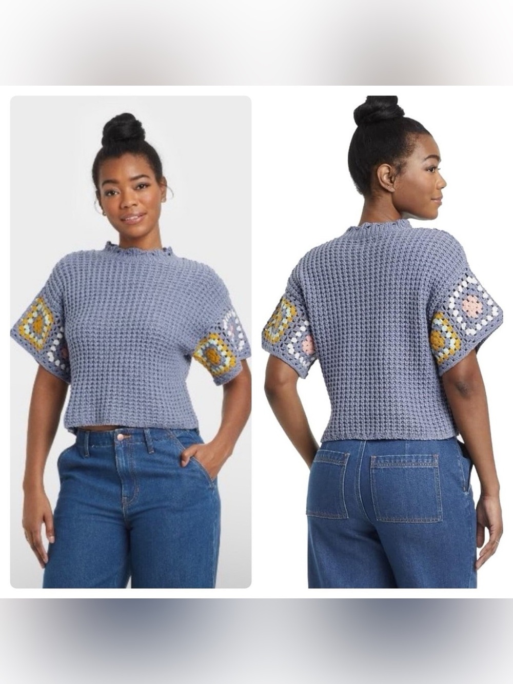 Lavender Crochet Boxy Crop Sweater with Multicolor Sleeve Squares size S
